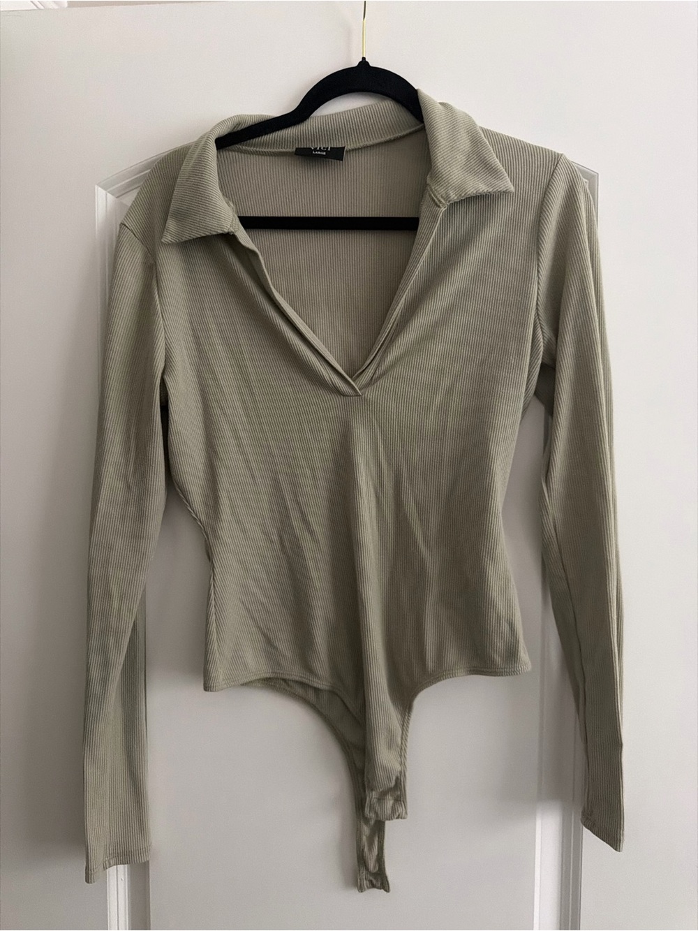 VICI - olive green ribbed long-sleeve bodysuit with a collared V-neck